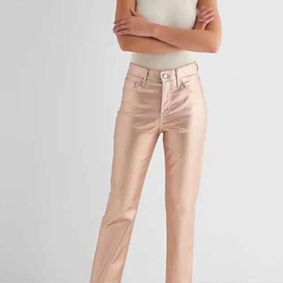 Express Ladies Rose Gold High Waisted Metallic Coated Modern Straight Jeans NWT - Picture 2 of 12